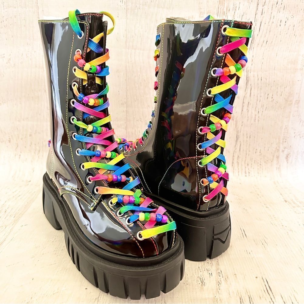 NIB Club Exx rainbow Neon festival beaded pride combat boots Sz 8 sold out